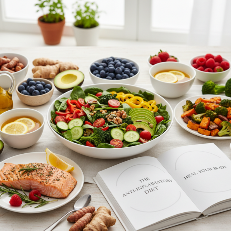 colorful anti-inflammatory foods including vegetables fruits and whole grains