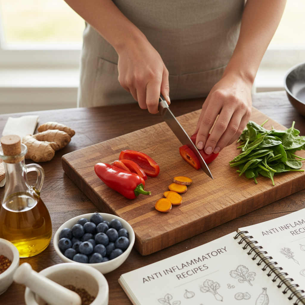 colorful anti-inflammatory foods including vegetables fruits and whole grains