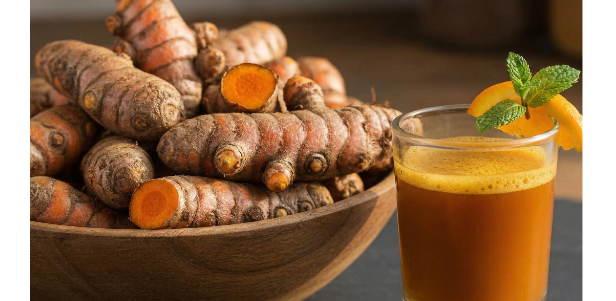 fresh turmeric root and powder with anti-inflammatory health benefits