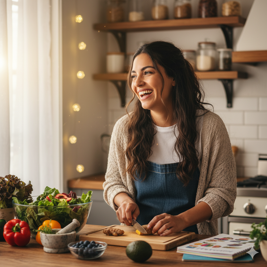 Dani Lae founder of The Core Food cooking in kitchen