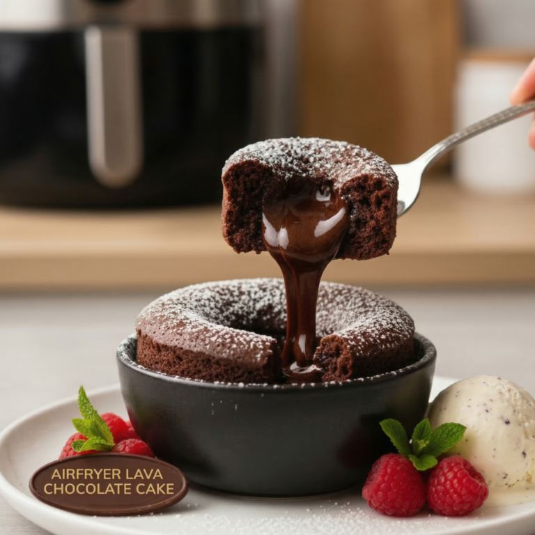 A close-up photograph of a chocolate lava cake dusted with powdered sugar in a black bowl. A hand holds a lifted piece of the cake with a fork, revealing molten chocolate dripping down. On the plate are vanilla ice cream, fresh raspberries, and a tag with the text 'AIRFRYER LAVA CHOCOLATE CAKE'. HEALTHY GLUTEN FREE