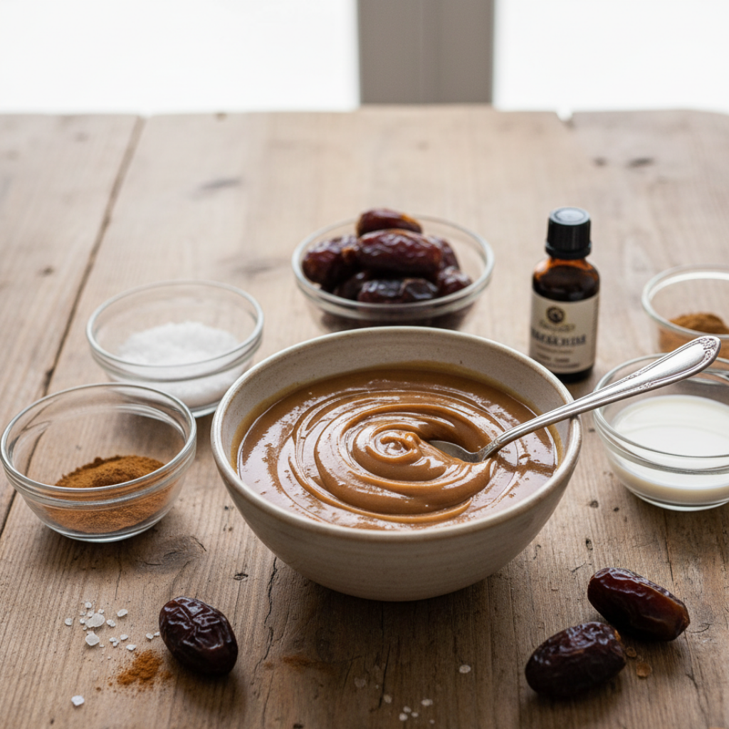 Ceramic bowl filled with smooth dark caramel-colored cream and a silver spoon, surrounded by small glass bowls with ingredients: salt, cocoa powder or cinnamon, milk, Medjool dates, and a small bottle of vanilla extract, all arranged on a rustic wooden table. Anti inflammatory diet