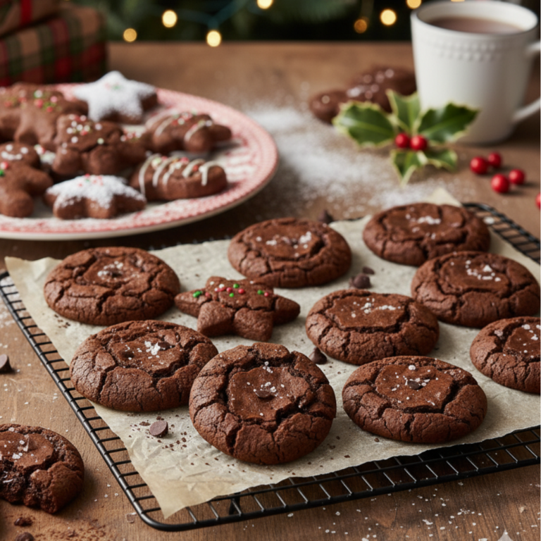 Gluten-free dark chocolate brownie cookies cooling on a wire rack with sea salt flakes