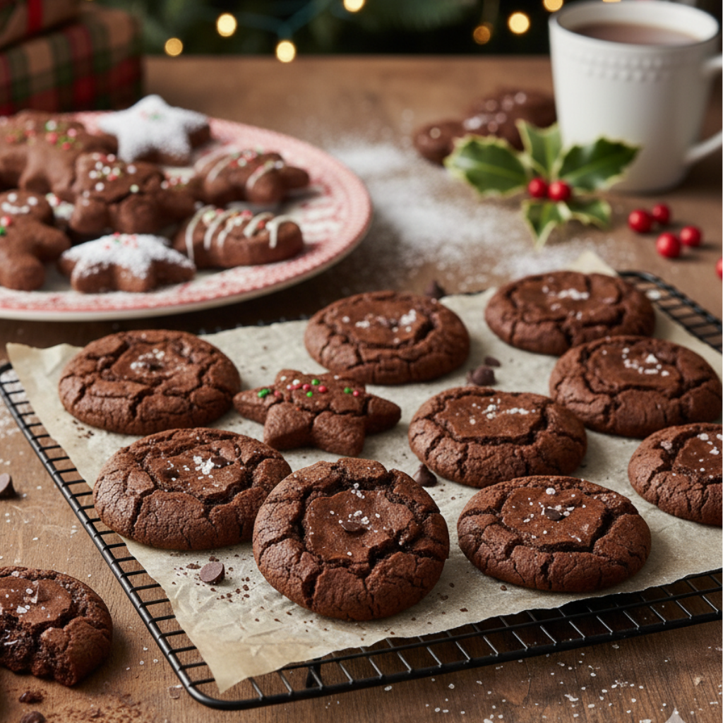Gluten-free dark chocolate brownie cookies cooling on a wire rack with sea salt flakes
