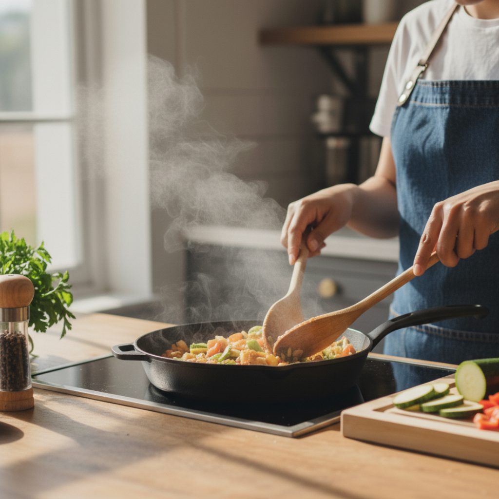 Person in denim apron sautéing fresh vegetables in a cast iron skillet in a bright home kitchen
