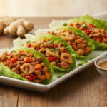 Four lettuce tacos filled with ground meat, ginger, and vegetables on a white plate with peanut sauce and a glass of water with lemon on a wooden table