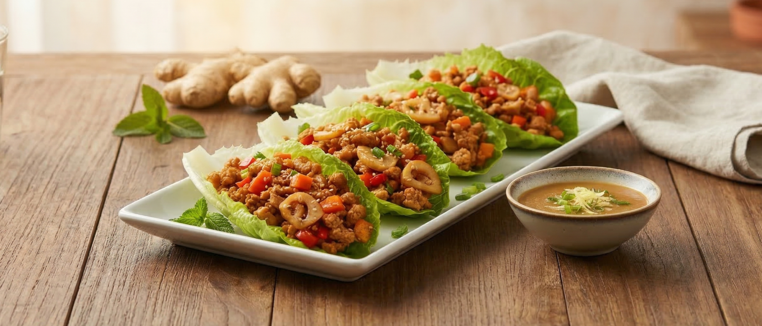 Four lettuce tacos filled with ground meat, ginger, and vegetables on a white plate with peanut sauce and a glass of water with lemon on a wooden table