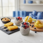 A selection of vibrant anti inflammatory desserts featuring chia seed puddings topped with fresh berries, golden turmeric mango popsicles on a slate board, and bowls of citrus-garnished yellow sorbet on a marble countertop.